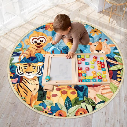 Baby Play Mat Round for Floor, GFU Non-Slip 40x40 Round Mat, Thick One-Piece Crawling Mat Animals, Infants Playmat Foldable and Machine Washable for Boys and Girls