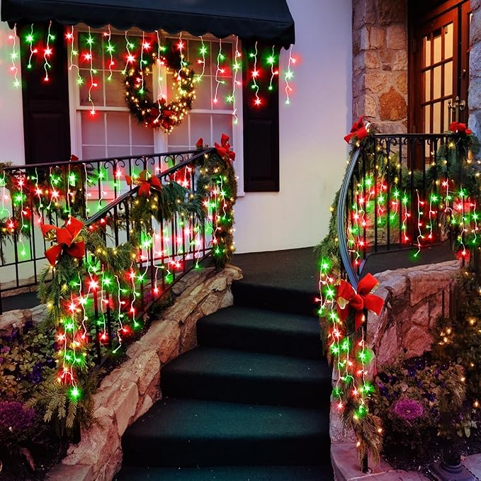33ft Icicle Lights for Outside, Red and Green Christmas Lights Outdoor Indoor, 400 LED Twinkle String Lights with 75 Drops, Clear Wire Short Curtain Lights for Thanksgiving Room Home Wall Bedroom