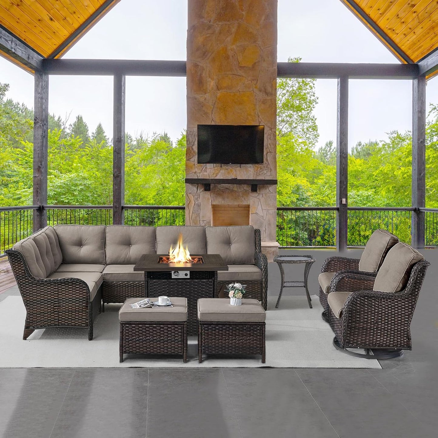 Outdoor Sectional Furniture Sofa Set with 50000BTU Propane Fire Pit Table, Wicker Patio Conversation Set with 2 Swivel Rocker Glider Chairs Grey Cushion Perfect for Backyard Casual Gathering