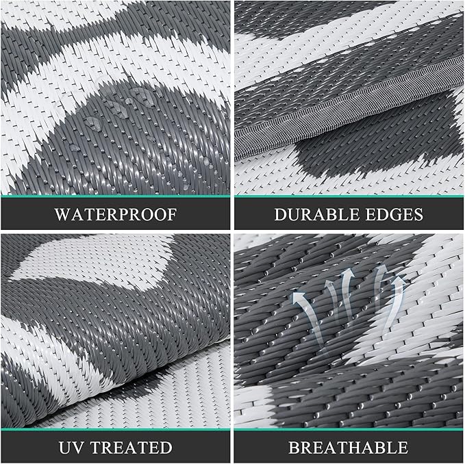 Pauwer Reversible Outdoor Rug, 9'x12', Waterproof, Polypropylene, Moroccan Grey, Area Rug for Patio, RV, Camping, Picnic, Backyard, Deck, Balcony, Porch