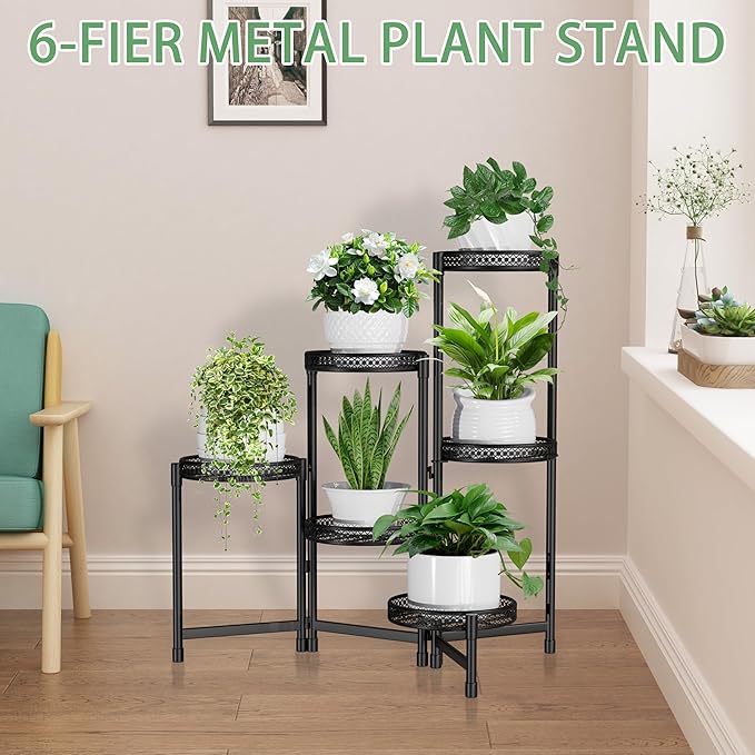 Metal Plant Stand Indoor 6 Tier Tall Corner Flower Stand Outdoor for Multiple Plants Folding Iron Flower Display Holders Rack Shelf Black (6 tier)