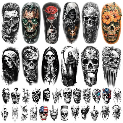 77 Sheets Skeleton Skull Temporary Tattoo for Women Men, 17 Sheets Half Arm Large Flower Spider Owl Fake Tattoos, 60 Sheets Black Scary Halloween Cosplay Tiny Adult Kid Body Tattoos Stickers Realistic