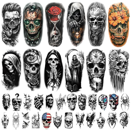 77 Sheets Skeleton Skull Temporary Tattoo for Women Men, 17 Sheets Half Arm Large Flower Spider Owl Fake Tattoos, 60 Sheets Black Scary Halloween Cosplay Tiny Adult Kid Body Tattoos Stickers Realistic
