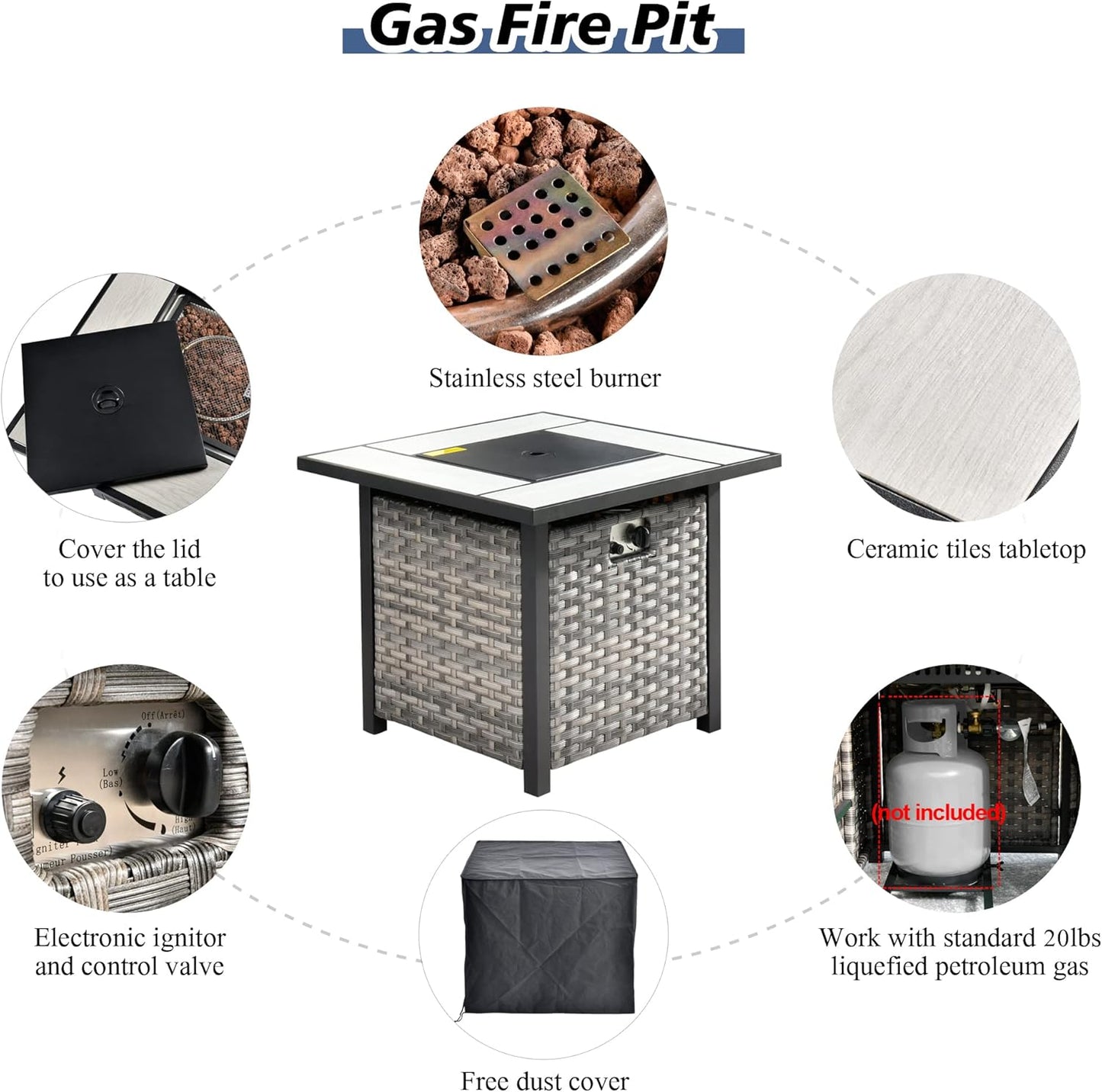 HOOOWOOO 9 Piece Modular Patio Outdoor Sectional Furniture Set with Gas Propane Fire Pit Table,Wicker Conversation Sofa Set with Swivel Chairs,Outside Couch Set(Denim Blue)