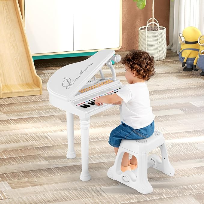 HONEY JOY Classical Kids Piano, 31-Key Toy Mini Grand Piano with Music Stand & Stool, Portable Electronic Educational Musical Instrument Toy w/ Microphone, Lights, Gift for Kids (White, 31 Keys)