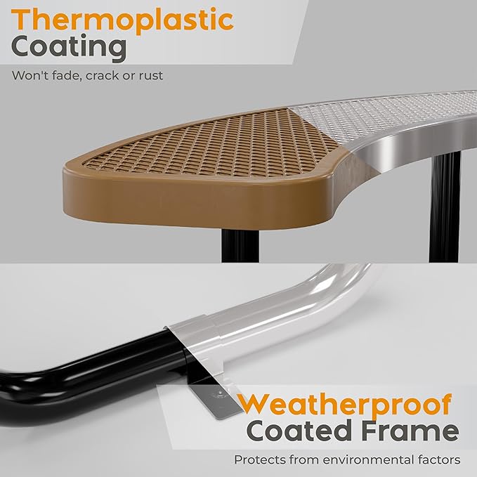 Metal Picnic Tables for Outdoors with Umbrella Hole - Coated Steel Heavy Duty Commercial Grade Table with Adjustable Seats (Brown, 46 in, Round, Expanded Steel)