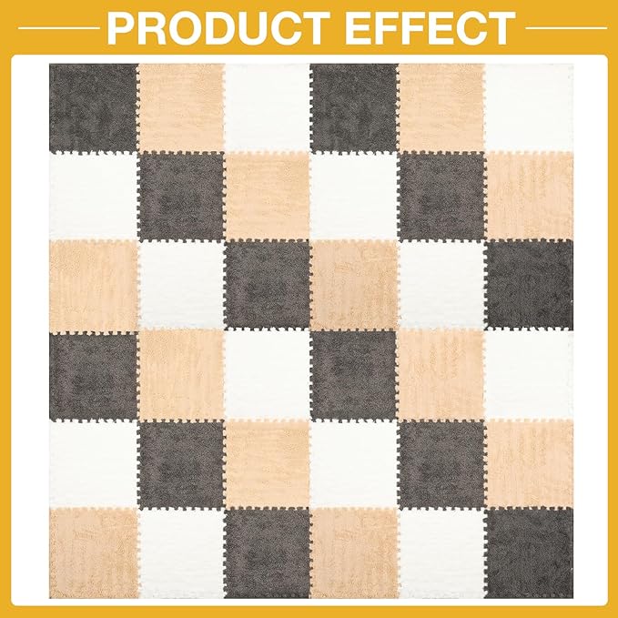 36 Pcs Plush Interlocking Carpet Tiles, Non-Toxic Foam Carpet Tiles for Toddler Baby, Machine-Washable, Anti-Slip, EVA Foam Interlocking Tiles for Floor, Nursery, Playroom, Grey White Light Brown