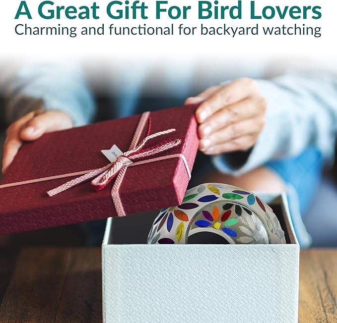 Sunnydaze 6-Inch Glass Mosaic Hanging Bird Feeder for Outdoors - Fly-Through Wild Bird Feeder - Rainbow Daisies