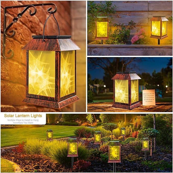 Solar Lanterns Outdoor Waterproof Upgraded Flashing Mode Solar Lantern Outdoor Lights Vintage Medieval Decor 3D Starry Hanging Outdoor Lanterns Lights Stake Lights for Yard Garden Decor（2PCS）