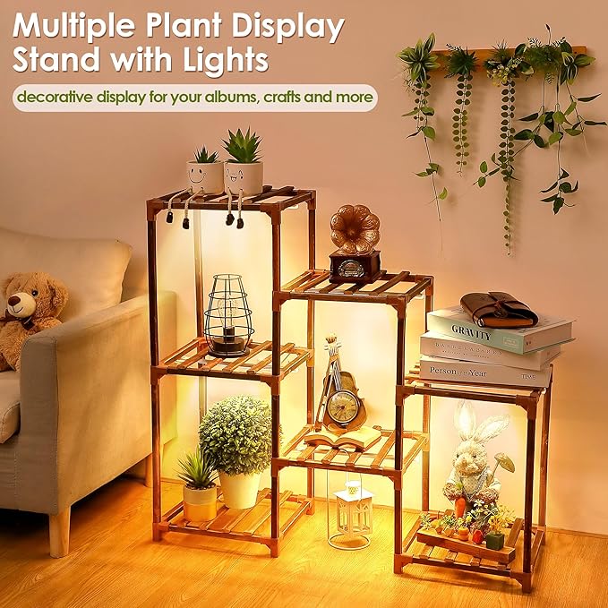 Plant Stand with Grow Lights Indoor, 7 Tiers Shape Plant Shelf with Light Full Spectrum Led Grow Light, Timer Function and Brightness Adjustment, Wood Plant Stand Indoor for Corner Living Room