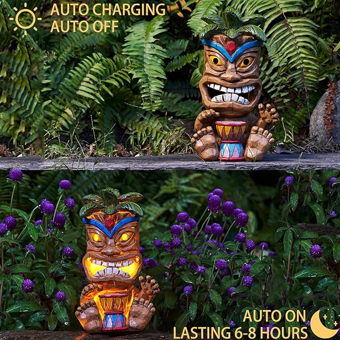 Outdoor Tiki Statue Decoration-Solar Power Light Tiki Garden Statues-Tiki Bar Decor Totem Pole Waterproof Figurines for Garden,Patio,Balcony,Yard,Lawn Ornament,10.43 Inch Tall