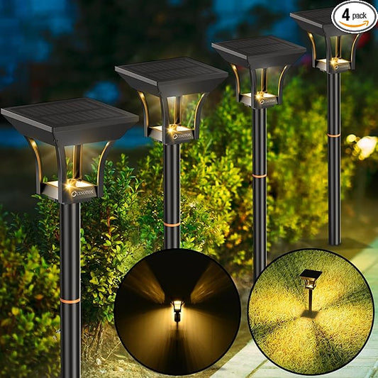 CINOTON Outdoor Solar Landscape Pathway & Wall Lights with 2 Brightness Modes, IP65 Waterproof LED Solar Powered Garden Lights for Patio Lawn Porch Walkway Backyard Driveway Sidewalk Warm White 4 Pack