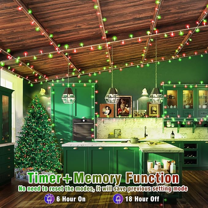 Vivideal 200 LED Red and Green Christmas Lights - 66ft String Lights Indoor Clear Wire 8 Modes Plug in Waterproof Fairy Lights with Timer Memory for Indoor Outside Bedroom Home Party Decorations