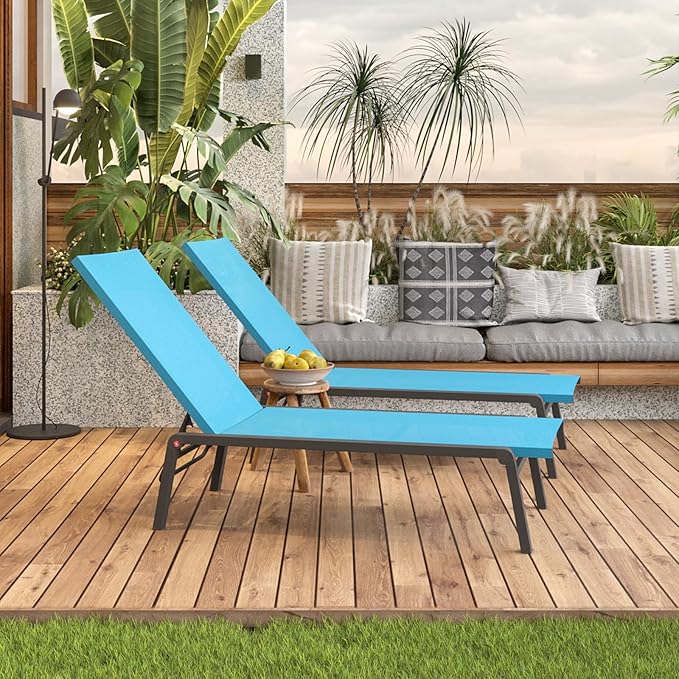 Patio Chaise Lounge Set of 2 with 4 Adjustable Backrest, Foldable Aluminum Chaise Lounge Chair Recliner for Outdoor, Poolside, Sun Tanning Blue