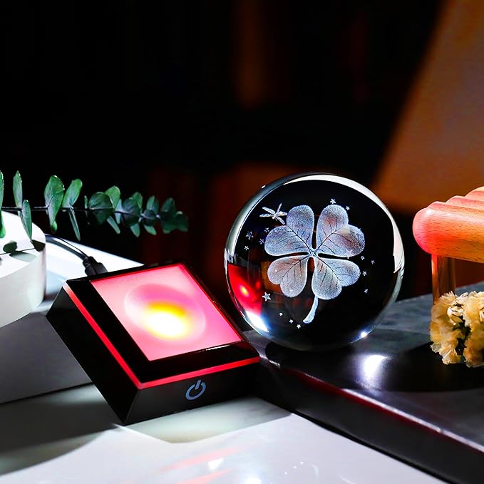 Qianwei 3D Four Leaf Clover 80mm Crystal Ball Good Luck Gifts Ideas with Multicolor Lighting Base - Irish Gifts for Women Decor 4 Leaf Clover