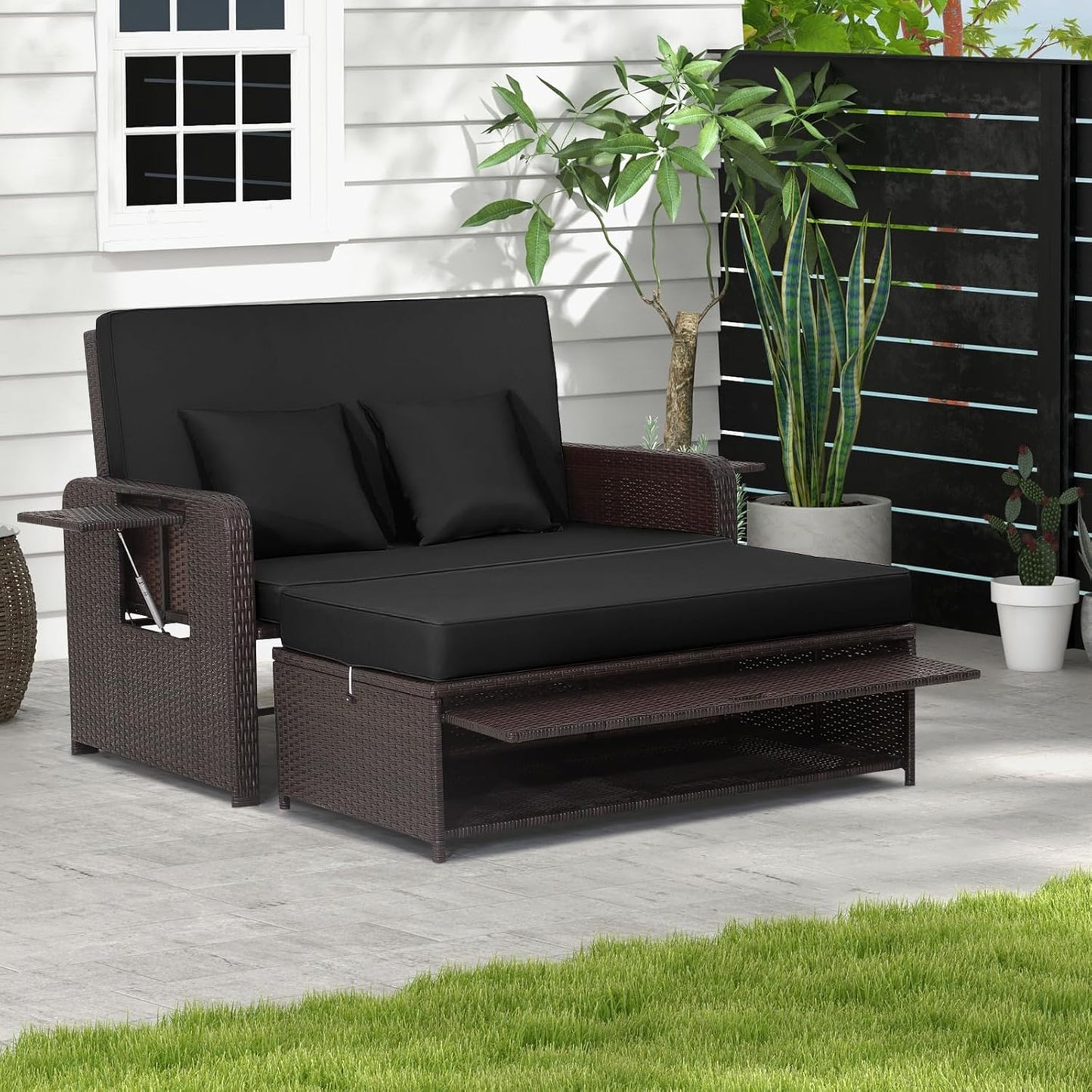 Tangkula Patio Rattan Daybed Set, Wicker Loveseat Sofa w/Multipurpose Ottoman & Retractable Side Tray, 4-Level Adjustable Backrest, Footstool w/Storage, Seat & Back Cushion Included (Black)