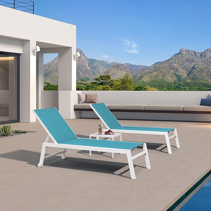 PURPLE LEAF Oversize Outdoor Chaise Lounge Set of 4 Outdoor White Aluminum Lounge Chairs with Side Table and Wheels Patio Lounge Chair for Yard Pool Deck, Turquoise
