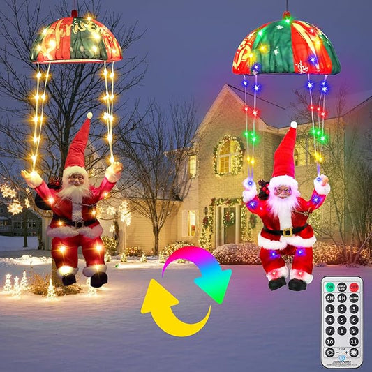 Christmas Decorations Lights, 88 LED Christma Parachute with Santa, 11 Modes Christmas Light Outdoor, Hanging Colourful & Warm White Xmas Lights, Holiday Porch Garden Party Decor
