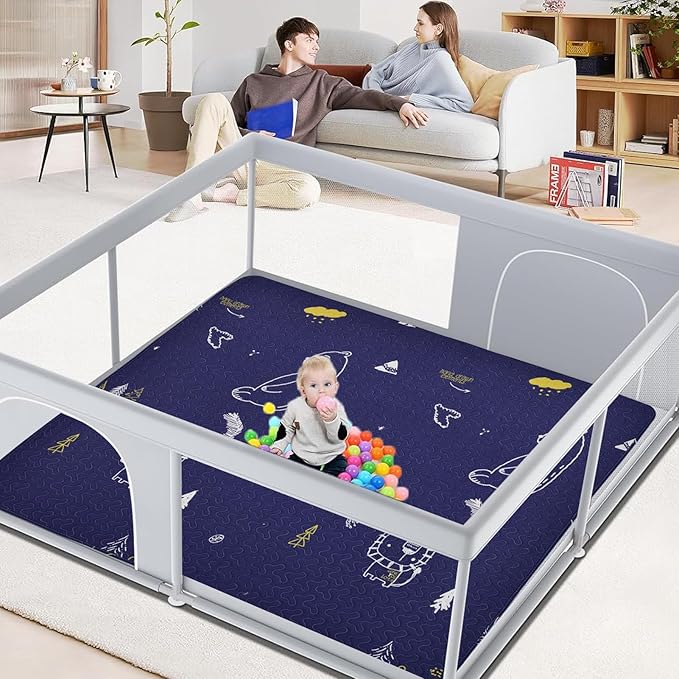 Machine Washable Baby Play Mat 63x43”, Baby Playpen Mat Extra Large, Foldable Baby Play Mats for Infants, Toddler Playing Rug Pad, Non Slip Crawling Mat for Floor Dark blue-bear