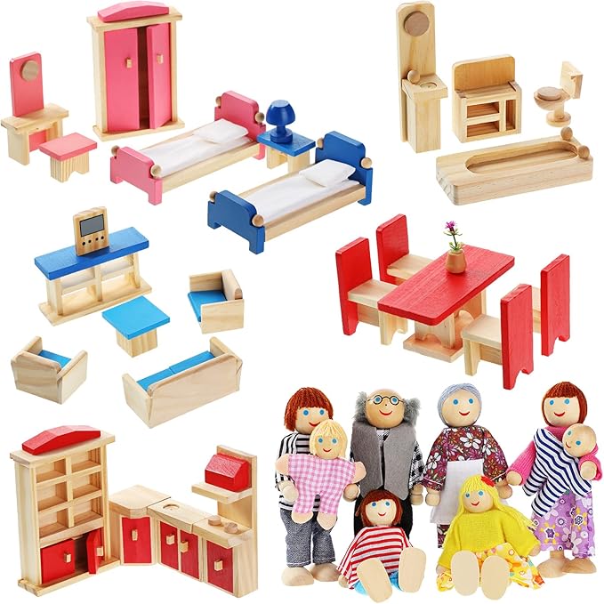 Sumind Wooden Doll House Furniture and Accessories Set With 27 Pieces Furniture, 8 Family Figures for Dollhouse Family Set