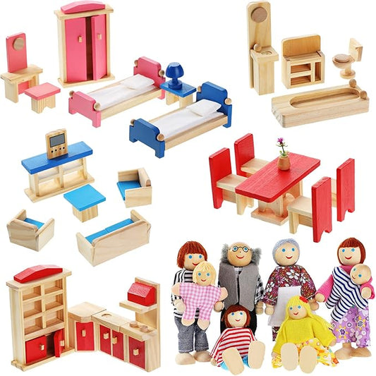 Sumind Wooden Doll House Furniture and Accessories Set With 27 Pieces Furniture, 8 Family Figures for Dollhouse Family Set