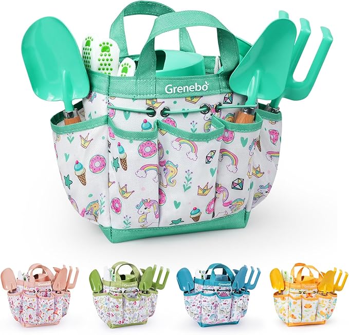 Kids Gardening Set Toys,Includes Metal Trowel,Transplanting Shovel,Garden hat,Rake,Apron,Gloves,Watering Can,and Tool Organizer Bag (Lake Green)