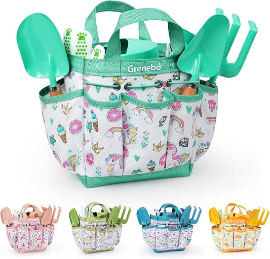 Kids Gardening Set Toys,Includes Metal Trowel,Transplanting Shovel,Garden hat,Rake,Apron,Gloves,Watering Can,and Tool Organizer Bag (Lake Green)