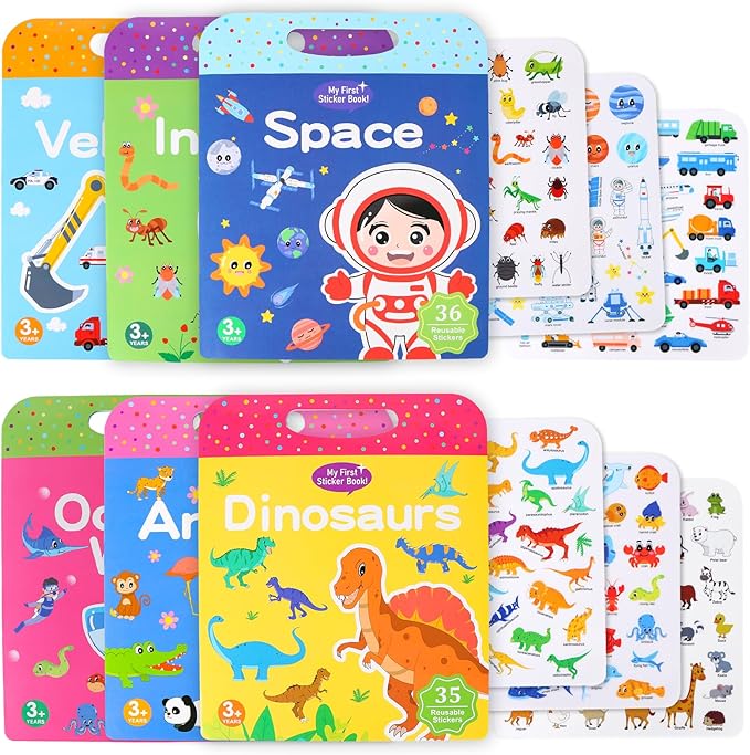 6 Pack Reusable Sticker Book for Kids,Visfun Stickers for Kids Window Stickers Fun Travel Toys for Toddlers Gifts Idea for Boys and Girls (Animal+Vehicles+Space+Insecks+Ocean+Dinosaurs)