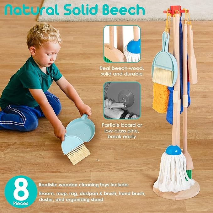 Kids Cleaning Set, 8 Pcs Wooden Housekeeping Play Set Includes Broom Mop Duster Dustpan Brushes Rag and Organizing Stand, Cleaning Toys Gift for Toddlers Girls Boys Age 3-6, Solid Beech Wood
