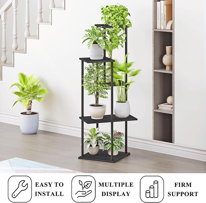 Plant Stand Indoor 5-Tier Metal Wood Plant Shelf for Multiple Flower Pots Corner Tall Flower Holders for Living Room Balcony Bedroom, Black