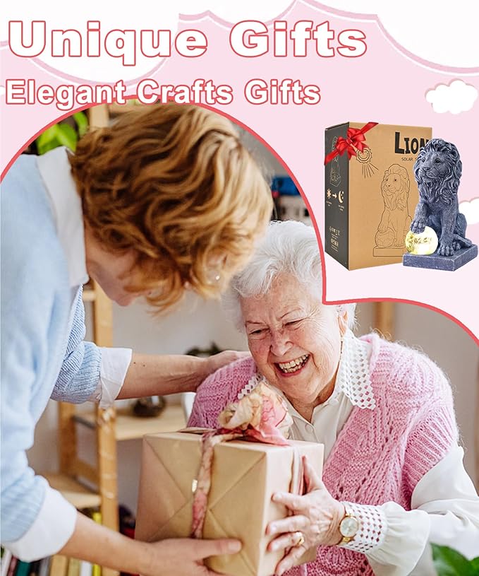 Solar Lion Statue for Garden Decor: Outdoor Figurines Sculpture with Ball for Lawn Patio Yard Balcony - Gifts for Mom Grandma Women