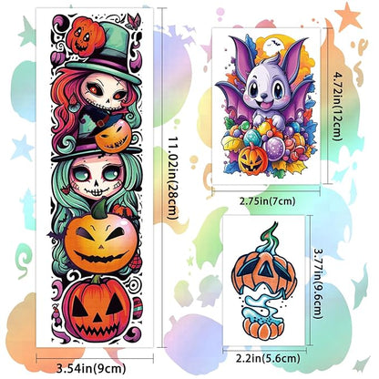 Halloween Temporary Tattoos for Kids, 52 Sheets Full Arm Sleeve Halloween Fake Tattoos for Boys and Girls, Ghost Pumpkin Witch Pattern for Halloween Party Favors