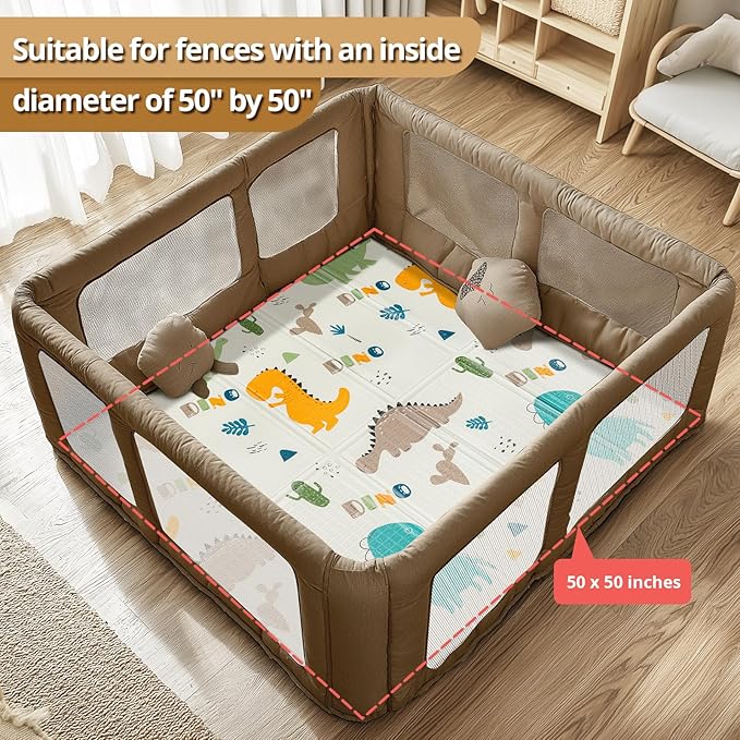 Foldable Baby Play Mat, PIGLOG 0.6in Thick Waterproof Playmats for Babies and Toddlers Kids, Safe Foam Playmat for Tummy Time, 50x50 Playpen Mat, Reversible Portable Floor Mat for Infant, Dinosaur