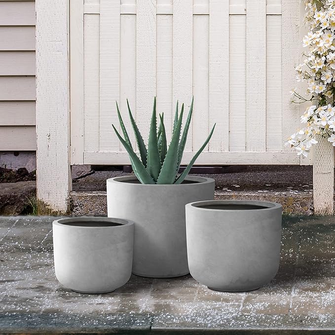Kante 13",11",9" Dia Natural Concrete Round Planters (Set of 3), Outdoor Indoor Modern Planter Pots, Lightweight, Weather Resistant, Seamless with Drainage Hole