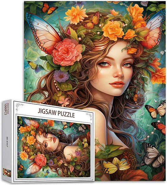 Tucocoo Beautiful Woman Jigsaw Puzzles for Adults 1000 Pieces, Butterfly Flowers Female Art Jigsaw Puzzle Colorful DIY Puzzles for Home Decoration Gifts, Family Puzzle Perfect for Game Nights