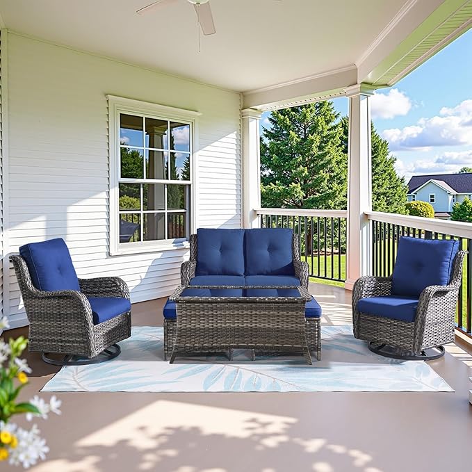 Wicker Outdoor Furniture Patio Furniture Set - 6 Piece Patio Conversation Set with Swivel Rocker Chairs, Loveseat Sofa, Ottomans and Coffee Table, Blue Cushion