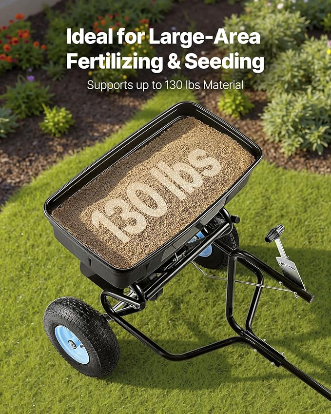 VEVOR Tow Behind Broadcast Spreader, 130LBS Capacity, Tow-Behind Lawn Spreader with 13 in Tires, 30 Adjustable Setting & 9.8 ft Spreading Width, Lawn Spreaders for Seed, Fertilizer, Salt, Ice Melt