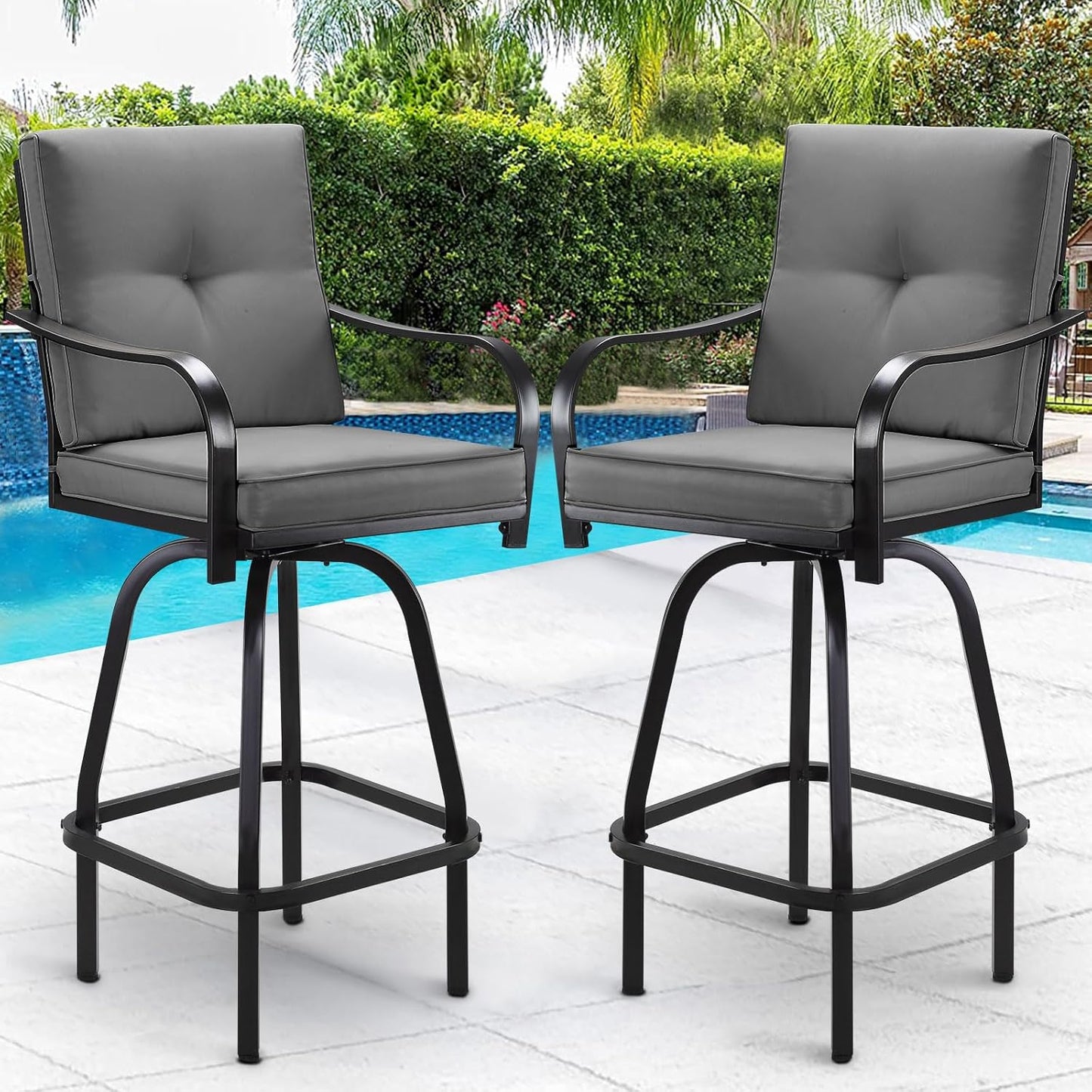 Patio Swivel Bar Stools Set of 2, Outdoor Bar Height Patio Swivel Chairs with Cushion for Garden Balcony Backyard (Grey)