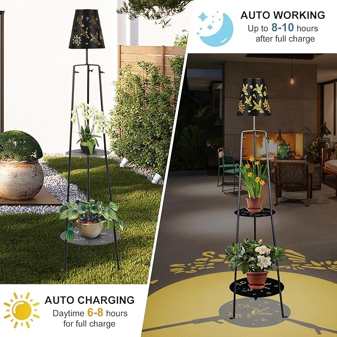 47.2'' Outdoor Metal Solar Floor Lamps with 2 Plant Stand Hummingbird Solar Lights Waterproof Solar Powered Street Lights Garden Decorative Lantern for Yard Pathway Deck Patio Porch Driveway Decor