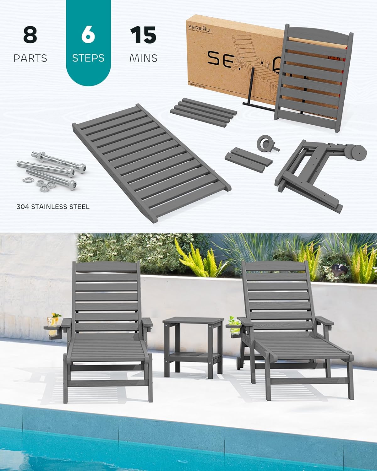 SERWALL Patio Chaise Lounge Chair, 78'' Long HDPE 5 Positions Adjustable Outdoor Lounger, Poly Lounge Chair with Rolling Wheels & Cup Holder for Pool, Slate Gray