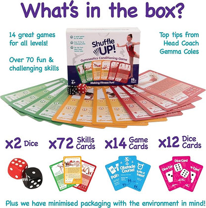 Shuffle Up Gymnastics Card Games - 70+ Fun & Active Skills Cards for Kids, Fitness Cards Develop Fundamentals, Stamina & Strength, Easy to Play for Kids | Multiple Skills Level Cards Include 2 Dices
