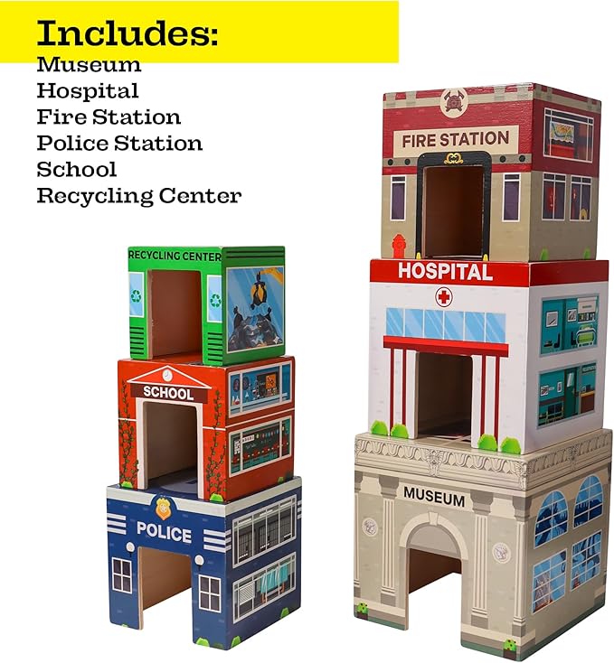 6 Wooden Stacking City Buildings - Nesting Community Helpers Building Boxes - Wood Sorting Cubes Town Play Set for Mats, Toy Cars and Trains - Educational Preschool Track Accessories Learning Toddler