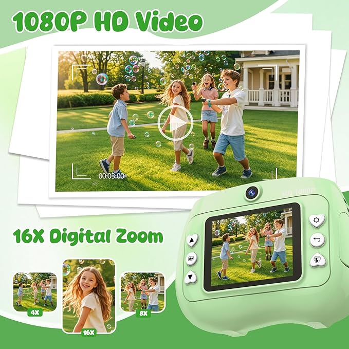 Kids Camera Instant Print 1080P Front Rear Dual Selfie - Toddler Cameras with Digital Video Games,32GB & 5-Color Print Paper/ 250 Photos,Easy to Use & Great Toys Gifts for Boys Girls, Ages 3-12 Green