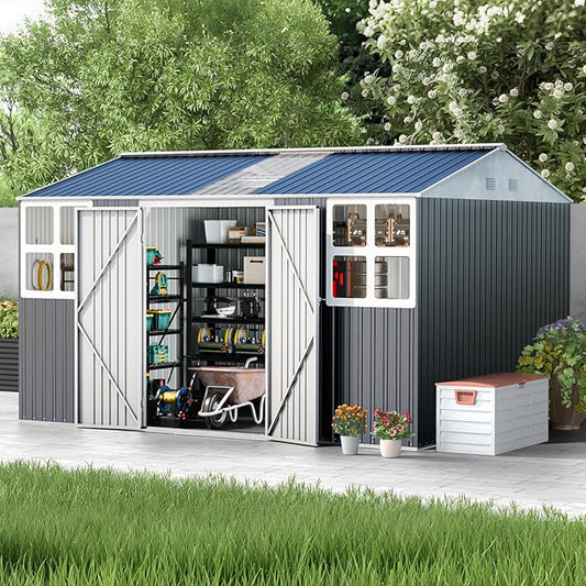12x10 FT Metal Sheds & Outdoor Storage: Heavy Duty Garden Sheds with Dual Transparent Panels, 2x4-Pane Windows & Hinged Double Doors, Weatherproof Tool Shed for Backyard, Garden, Patio, Grey/White