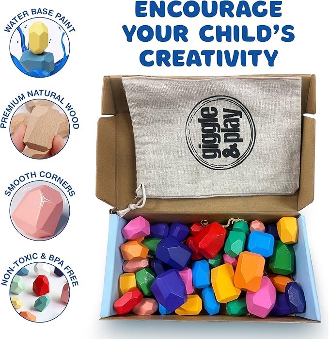 Giggle & Play - 40 Pcs Wooden Stacking Stones Set, Montessori Toys for 3+ Year Old, Stacking Blocks for Fine Motor Skills & Creativity, Multicolor Playset for Toddlers & Kids, Free Storage Bag