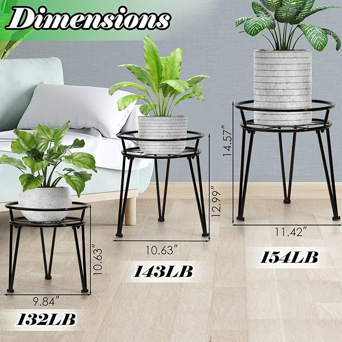 3 Pack Metal Plant Stands Outdoor Indoor, Rustproof Iron Flower Pot Stands Outdoor, Heavy Duty Pot Stand for Plants Indoor, Round Black Display Rack Flower Stand Plant Holders