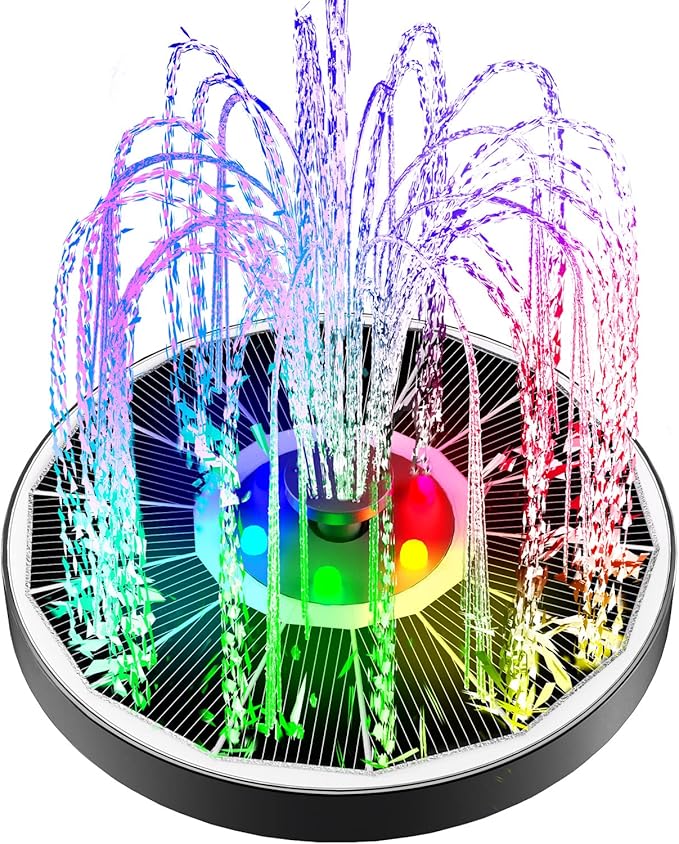 Solar Fountain Glass Panel with 2200 mah Battery, 3.5W Floating Solar Water Fountain with 4 Fixed Rods, Solar Fountain Pump for Bird Bath, Garden, Pond, Pool, Outdoor-Colorful Lights