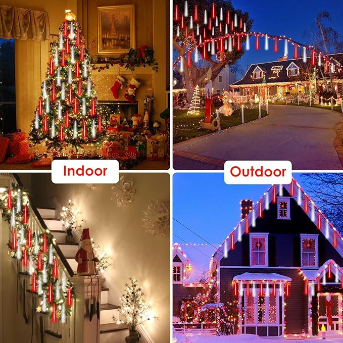 2-Pack Meteor Shower Lights Outdoor Waterproof, Rain Drop Christmas Lights Total 384 LED 30cm 16 Tubes Snow Cascading String Lights Plug in for Xmas Tree Wedding Party Garden Décor (Red and White)