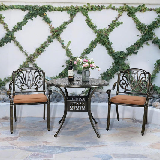 VIVIJASON 3-Piece Patio Bistro Sets, All-Weather Cast Aluminum Bistro Table Set Outdoor Patio Furniture, Include 2 Cushioned Chairs and 35.4" Round Table, 2" Umbrella Hole