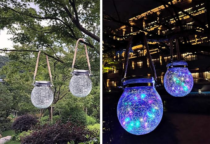 2 Pack Hanging Solar Powered LED Lights,Cracked Glass Ball Light, Waterproof Outdoor Christmas Decorative Lantern for Garden, Yard, Patio, Lawn (Colorful)
